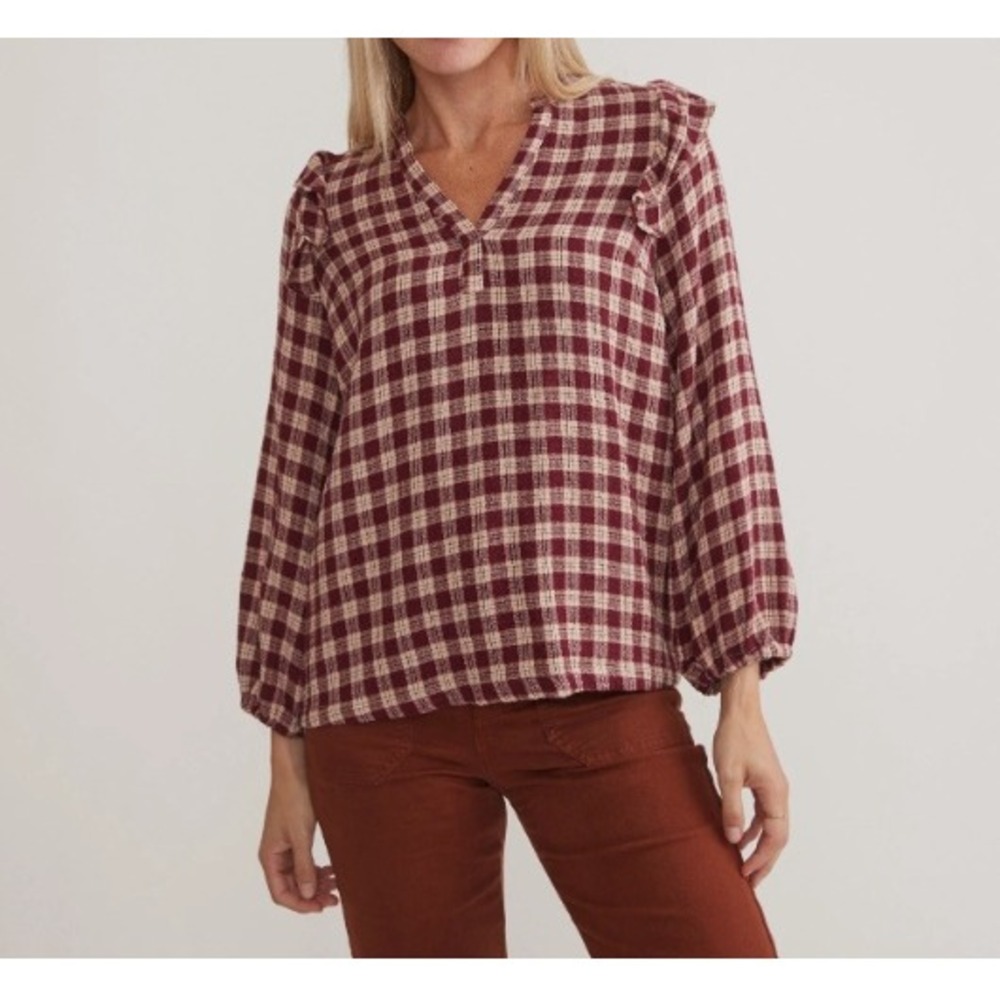 Marine Layer Jamie Blouse Burgundy Plaid Ruffle Metallic Cabincore Flannel L
